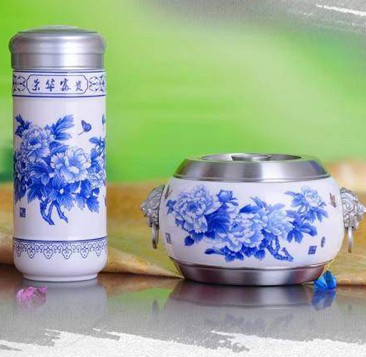 皇家礼瓷 荣华富贵御泉杯+茶叶罐（青花瓷）CQH000138